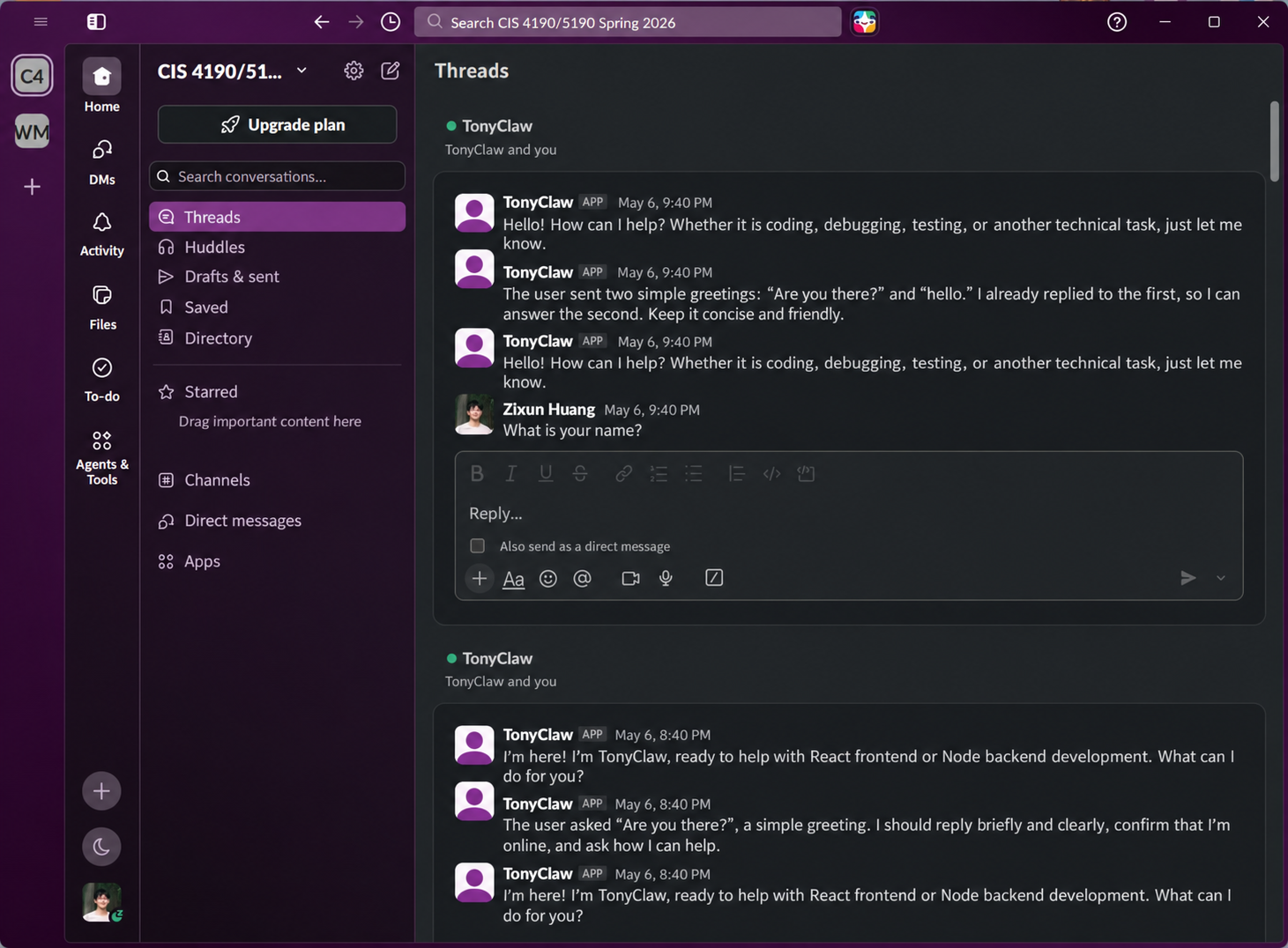 TonyClaw coding agent in Slack